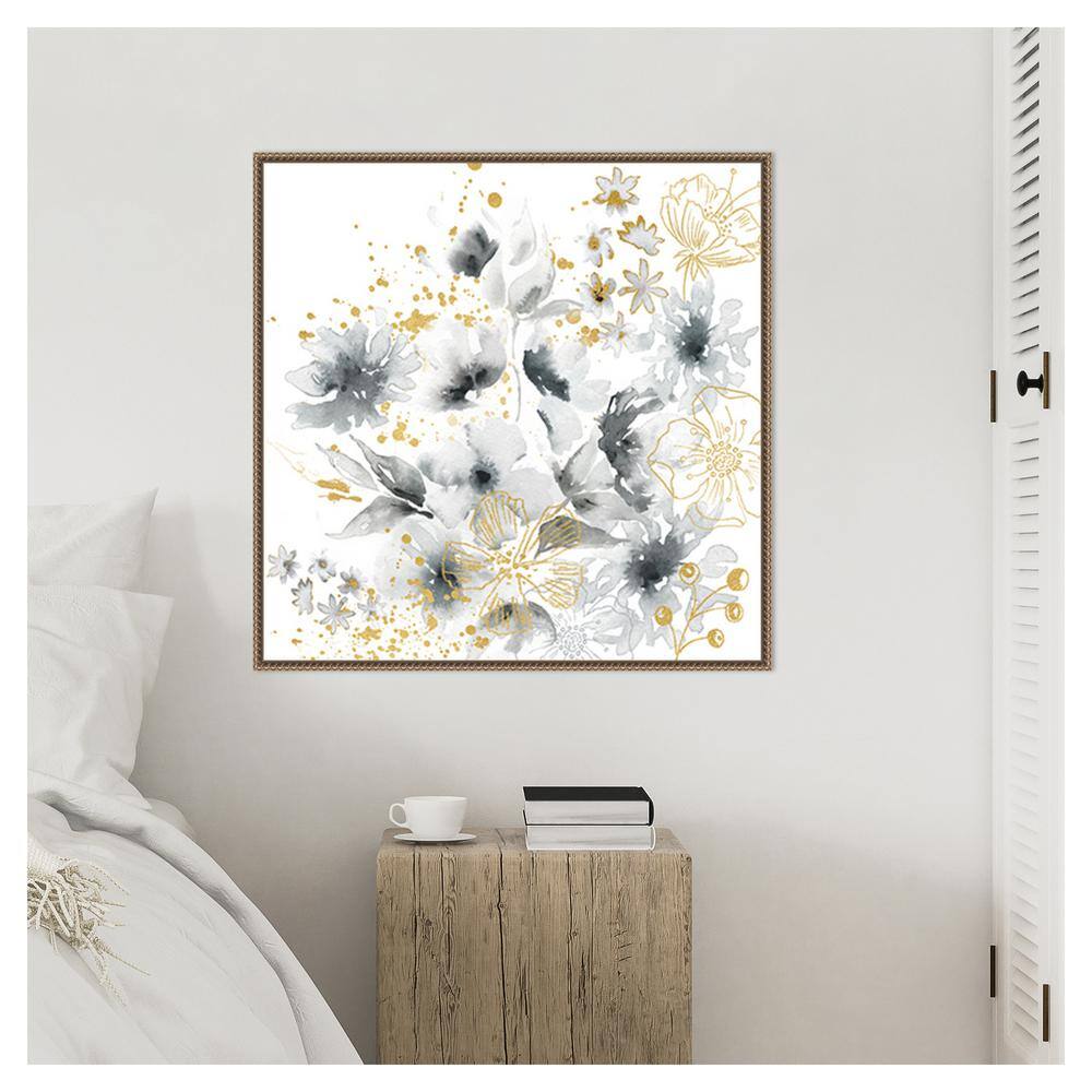 30"x30" Watercolor Gray and Goldenrod Floral Canvas with Bronze Floater Frame