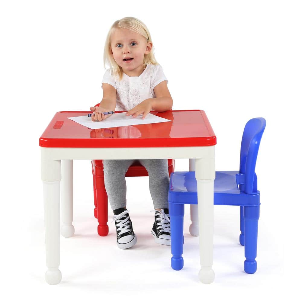 White and Primary Plastic Kids Activity Table with 2 Chairs and Building Blocks