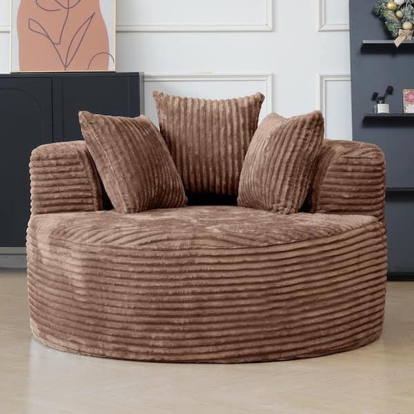 50 in. Brown Corduroy Armless Deep Seat Round Single Sofa with Pillow for Living Room, Bedroom Apartment