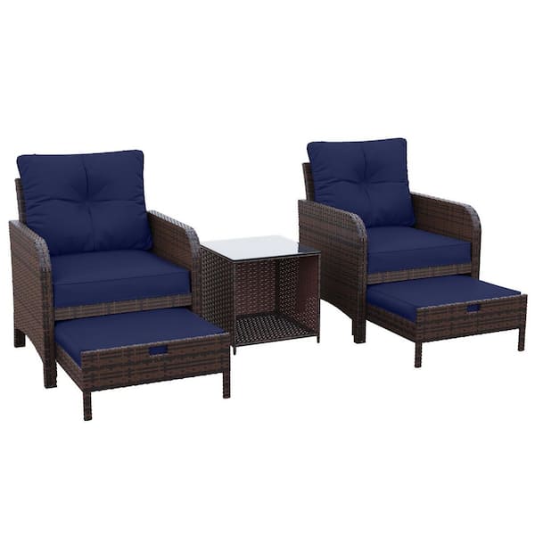 5-Piece Wicker Lounge Chair Outdoor Rattan Patio Conversation Set with Ottoman and Blue Soft Cushions