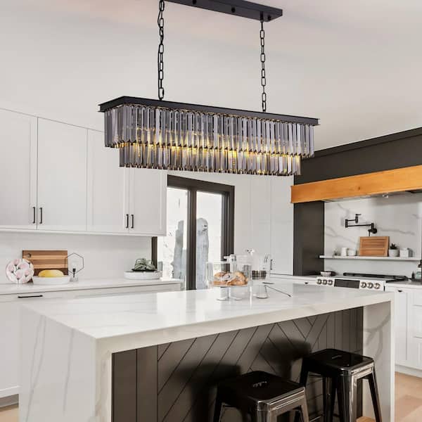Modern 7 Lights Rectangular Smoky Gray Crystal Chandelier with Hanging Ceiling Pendant Light Fixture for Kitchen Island