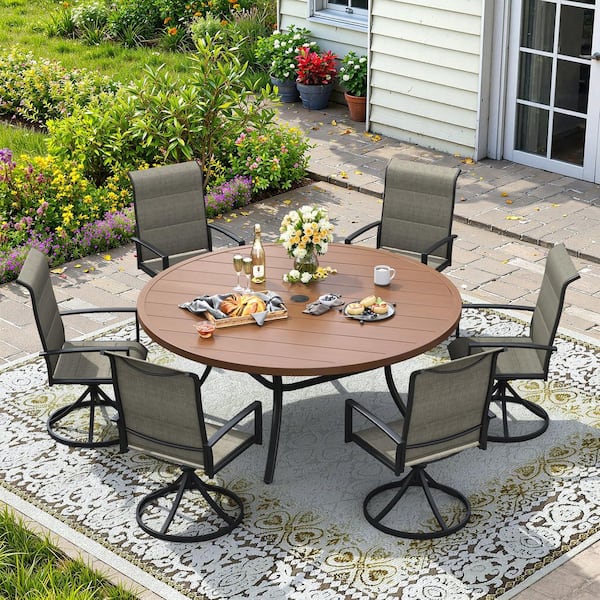 7-Piece Metal Outdoor Dining Set with 53 in. Walnut Round Table and 6 Brown Swivel Dining Chairs for 6 Person