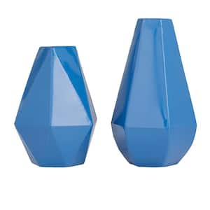 12 in., 10 in. Blue Metal Geometric Decorative Vase (Set of 2)