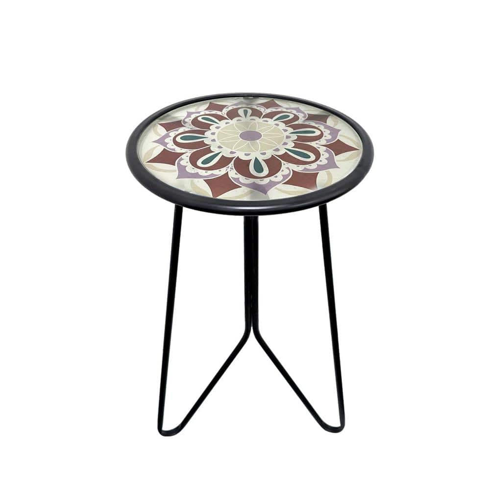 12 in. Metal and Glass Outdoor Round Side Table for Yard Balcony Garden Bed