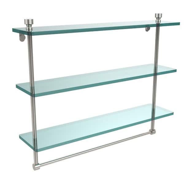 Allied Brass Foxtrot 22 in. L x 18 in. H x 5 in. W 3-Tier Clear Glass Bathroom Shelf with Towel Bar in Polished Nickel