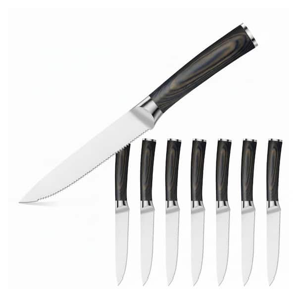 4.5 in. High Carbon Stainless Steel Partial Tang Serrated Steak Knife with Wood Handle, Rust Resistant (Set of 8)