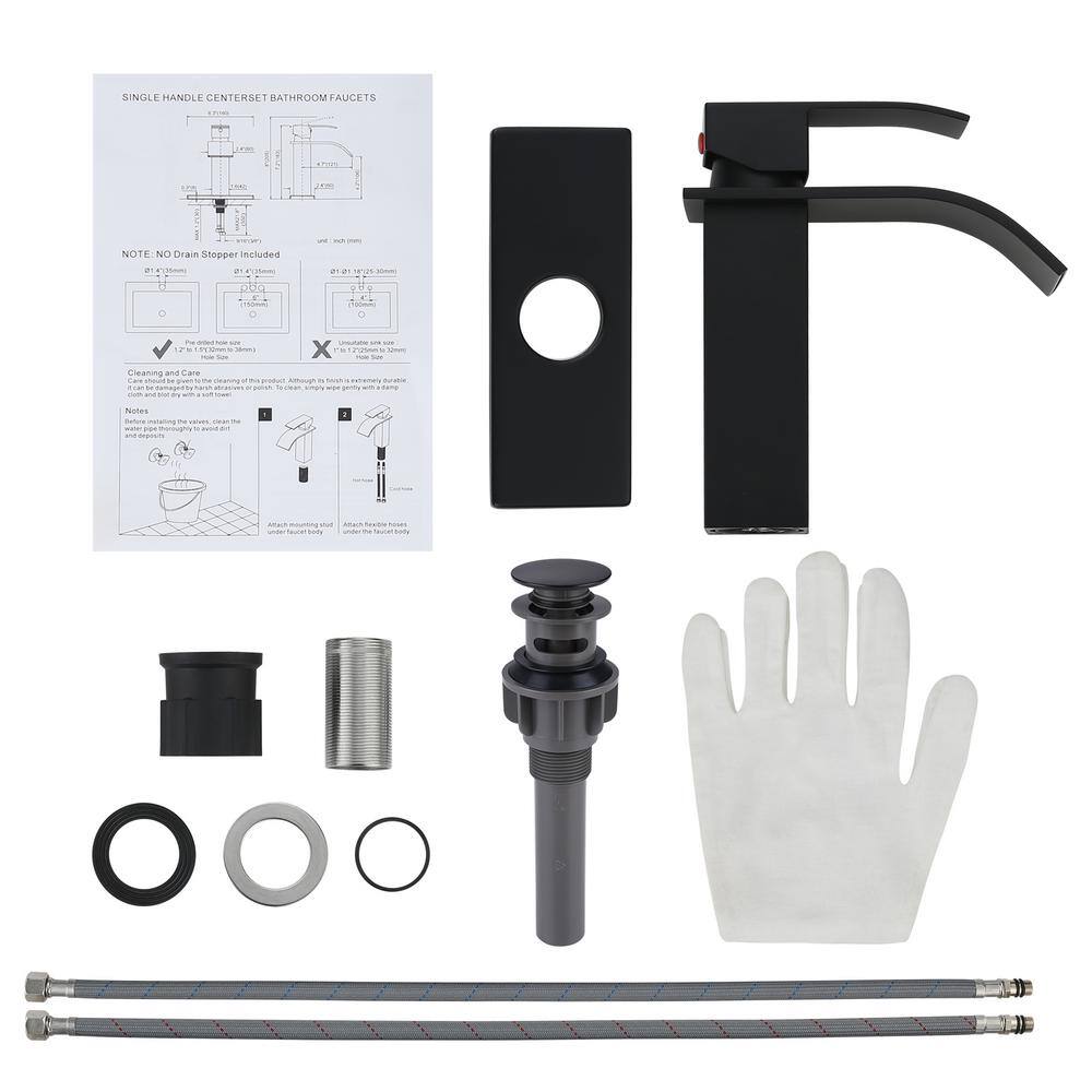 Matte Black Single Handle Waterfall Bathroom Faucet with Pop-up Drain