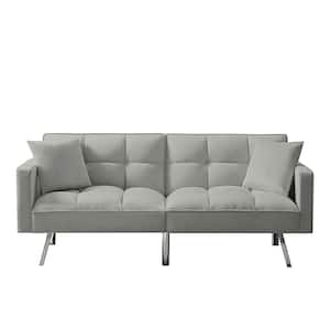 74 in. W Light Grey Velvet Full Futon Sofa Bed with 2 Pillows