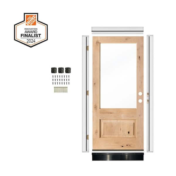 DIY 36 in. x 80 in. Knotty Alder Left-Hand 3/4 Lite Clear Glass Unfinished Wood Front Door Kit w/ Quick Assemble Jamb