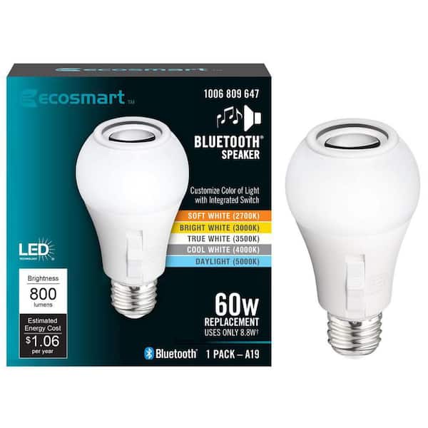 EcoSmart 60-Watt Equivalent A19 CEC Bluetooth Speaker E26 Medium Base LED Light  Bulb with Selectable Color Temperature (1-Pack) BTOM605CCTCAESM - The Home  Depot