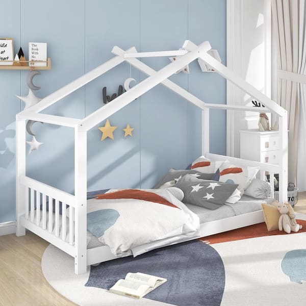 Qualler White Twin Size House Platform Bed with Headboard and Footboard