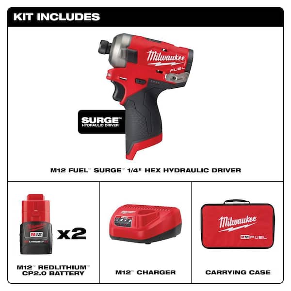 Milwaukee - M12 FUEL SURGE 12V Lithium-Ion Brushless Cordless 1/4 in. Hex Impact Driver Compact Kit w/Two 2.0Ah Batteries, Bag