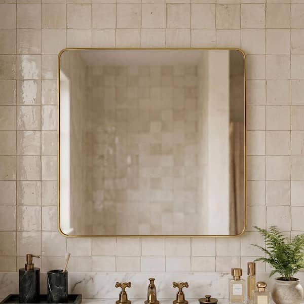 Gold 30 in. W x 30 in. H Small Square Framed Decorative Wall Mount Bathroom Vanity Mirror