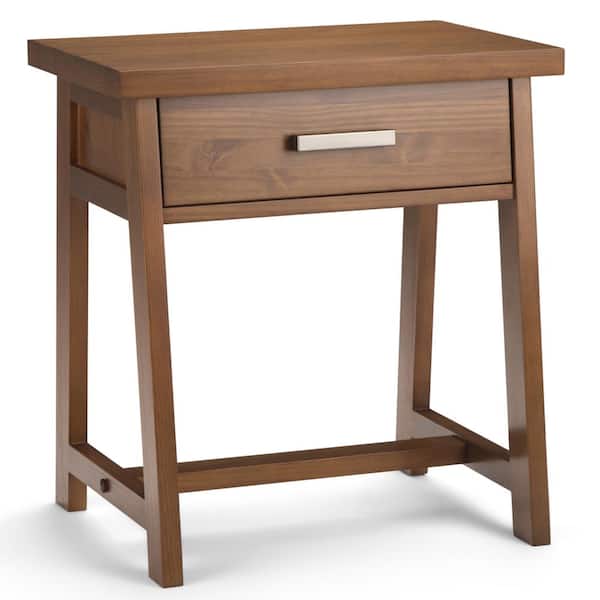 Simpli Home Sawhorse 1-Drawer Solid Wood 24 in. Wide Modern Industrial Bedside Nightstand Table in Medium Saddle Brown