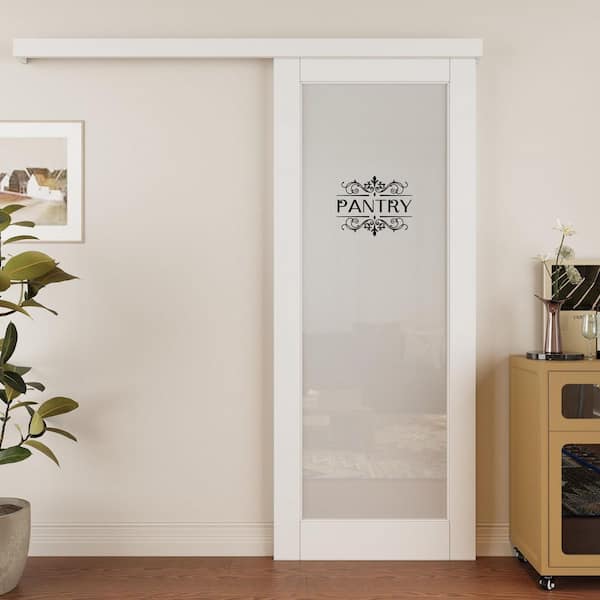 34 in. x 80 in. Hidden Track Style 1 Lite Frosted Glass White MDF Sliding Barn Door with Hardware Kit and Pantry Sticker