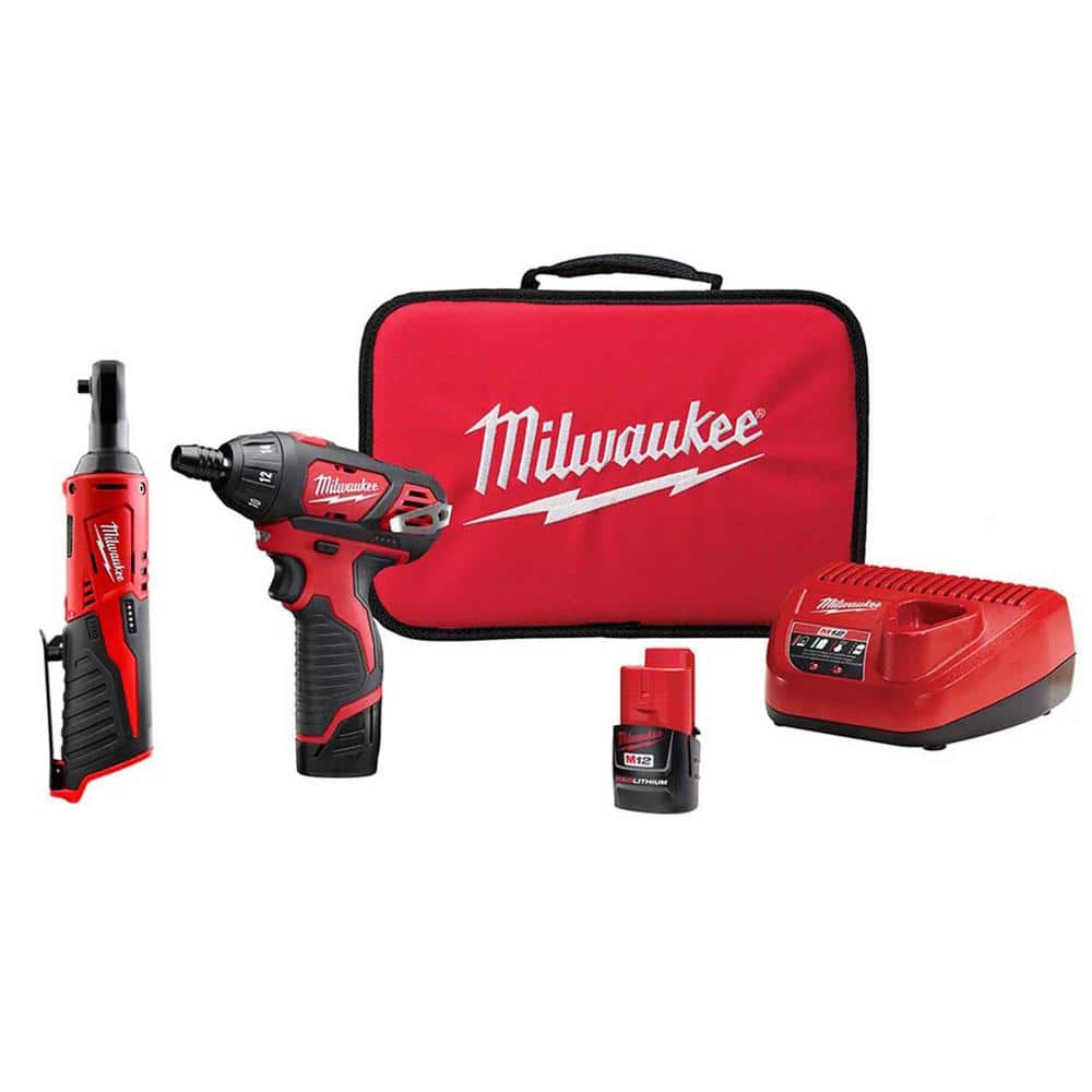 Milwaukee M12 12V Lithium-Ion Cordless 1/4 in. Hex Screwdriver and 1/4 in. Ratchet Combo Kit (2-Tool) -  2401-22-2456-2X