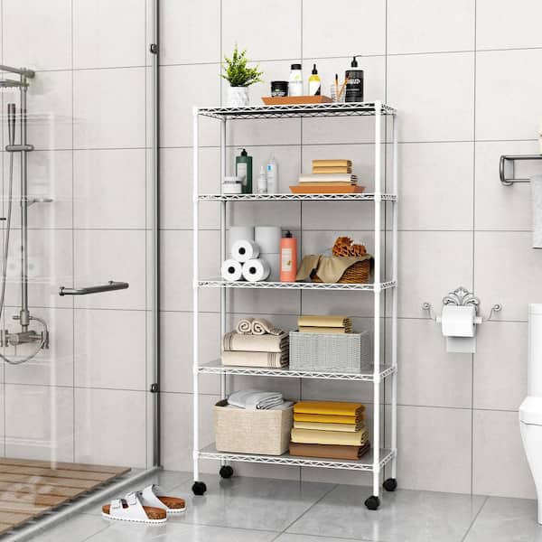 Zeus & Ruta White 60 in. H 5-Tier Heavy-Duty Metal Pantry Organizer with Swivel Wheels