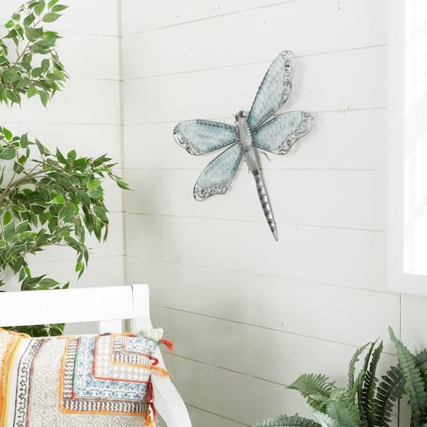 25 in. x  16 in. Metal Blue Indoor Outdoor Dragonfly Wall Decor