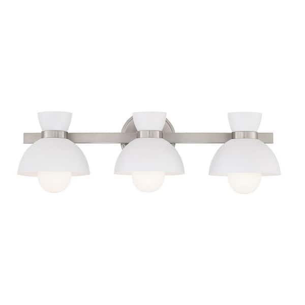 TUXEDO PARK LIGHTING 24.5 in. 3-Light Brushed Nickel Vanity Light with White Metal Shades