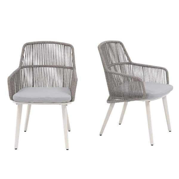 Patio Dining Chairs Set of 2, Woven Rope Outdoor Dining Chairs w/Steel Frame, with Cushions (Light Grey)