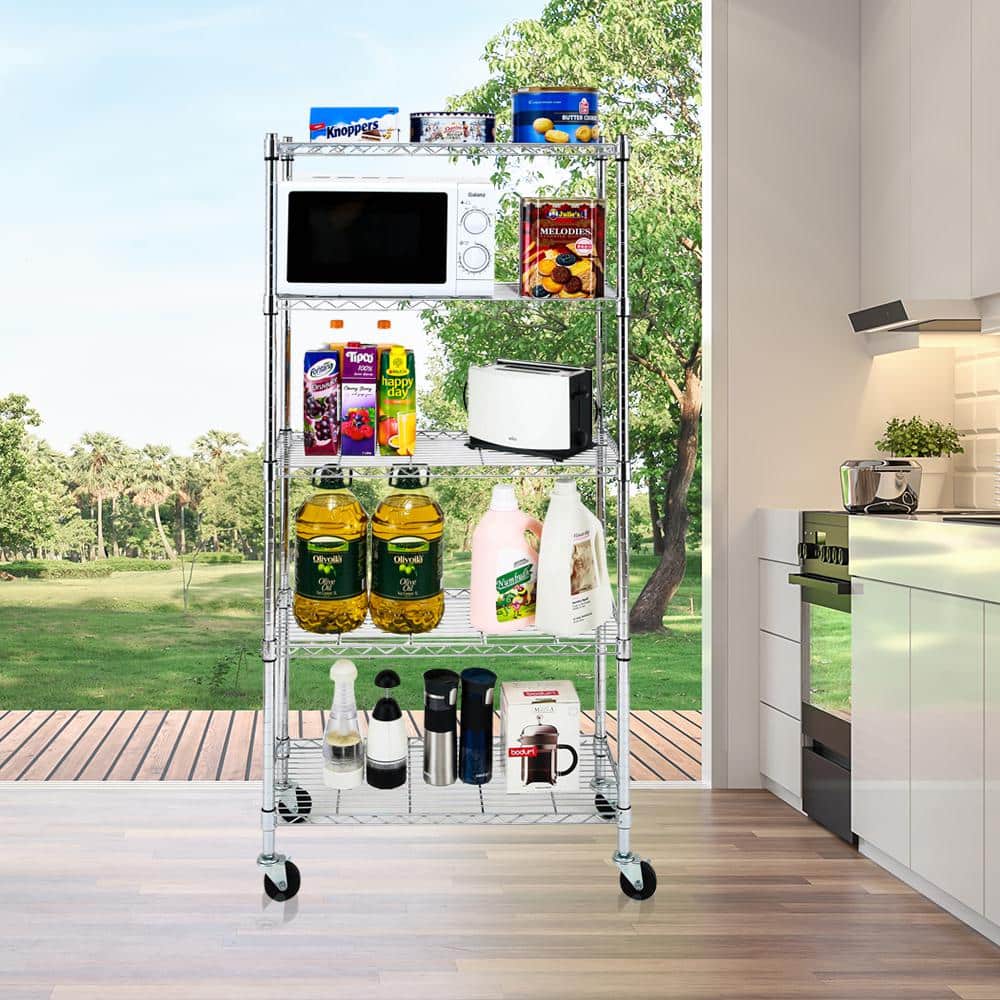 Chrome 5-Tier Adjustable Wire Shelving Unit with Wheels
