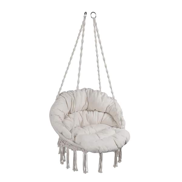 Max 330 lb. Sling Patio Swing, Hanging Cotton Rope Hammock Swing Chair with Cushion for Indoor and Outdoor, Beige
