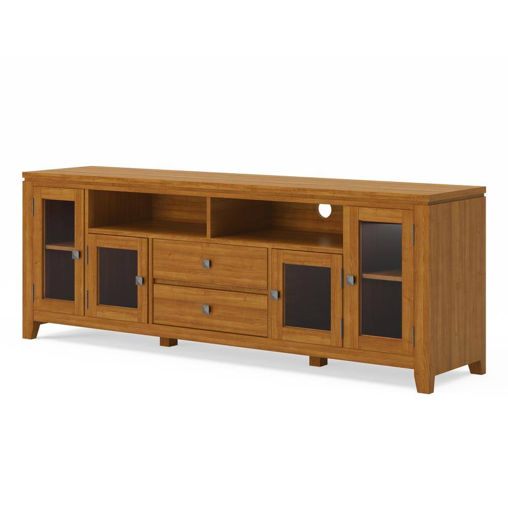 Transitional Solid Pine TV Stand in Light Golden Brown with Storage