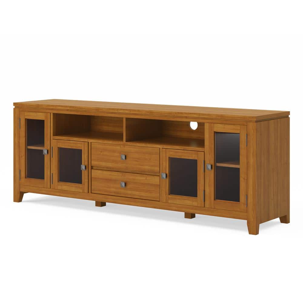 Transitional Solid Pine TV Stand in Light Golden Brown with Storage