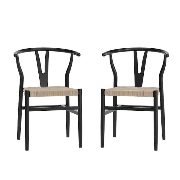 Logan Black Frame/Natural Seat Commercial Grade Wishbone Style Wood and Kraft Paper Stackable Dining Side Chair Set of 2
