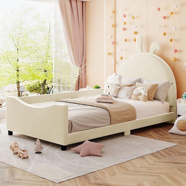 Harper & Bright Designs Beige Wood Frame Twin Size Velvet Upholstered Daybed with Rabbit Ears Shaped Headboard