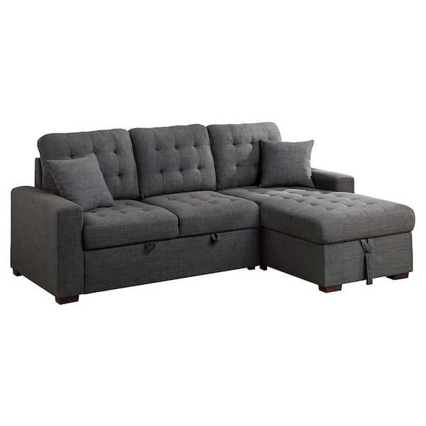 Lazzara Fairborn 87 in. Straight Arm 2-piece Textured Fabric Sectional Sofa in Dark Gray with Pull-out Bed and Right Chaise