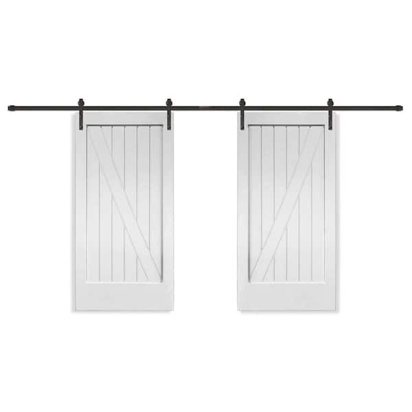 Pacific Entries 84 in. x 84 in. Bi-Part Unfinished Cottage Z-Plank V-Groove Pine Wood Sliding Barn Door with Bronze Hardware kit