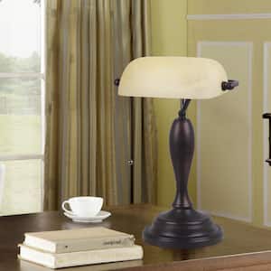 17.75 in. Bronze Banker's Desk Lamp with Alabaster Amber Shade
