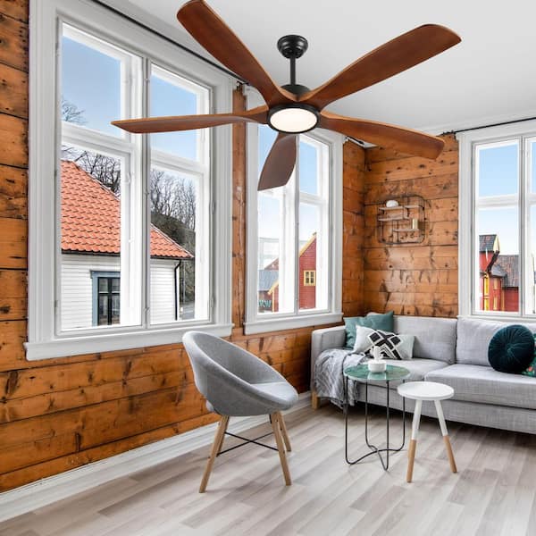 60 in. Indoor Black 5 Solid Brown Wood Blades Integrated LED Ceiling Fan with Remote Control and Reversible DC Motor