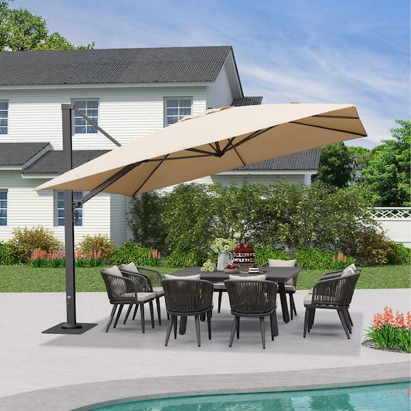 PURPLE LEAF 12 ft. Square Aluminum Large Outdoor Cantilever 360-DegreeRotation Patio Umbrella with Base Plate, Beige