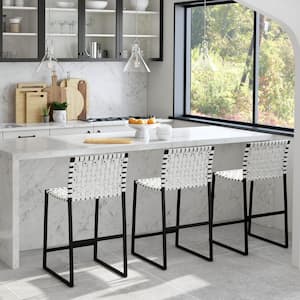 Urban 25 in. Seat Height White and Black Woven Leather Low Back Counter Stool