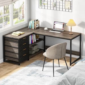 Lanita 59 in. L Shaped Gray Wood 4-drawer Computer Desk with Storage, Shelves, Office Desk Writing Table Workstation