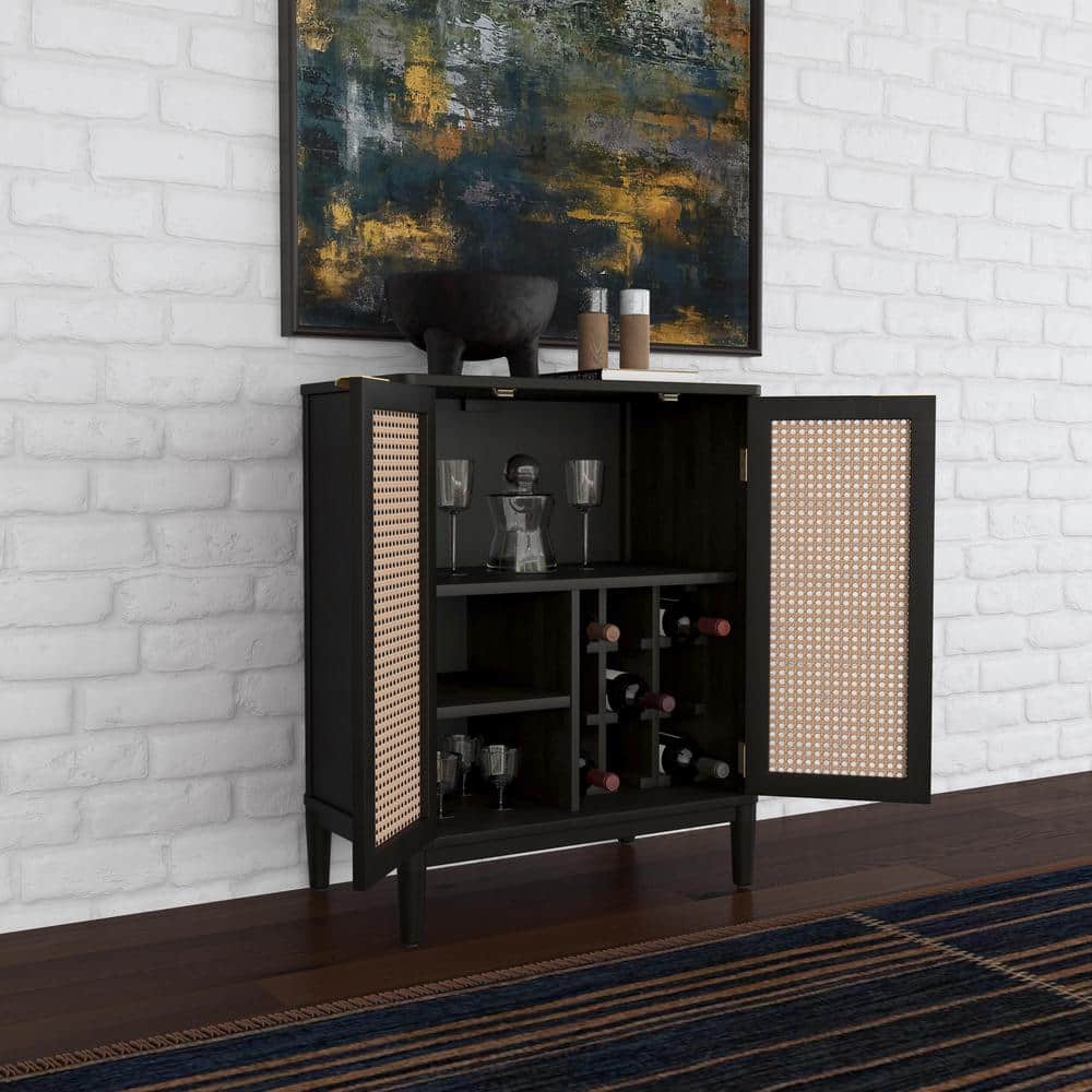 Brentwood Black and Cane Mid-Century Bar Cabinet