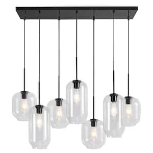 7-Light Black Cluster, Cylinder, Linear, Rectangle Geometric, Island, Shaded Chandelier with Unique Clear Glass