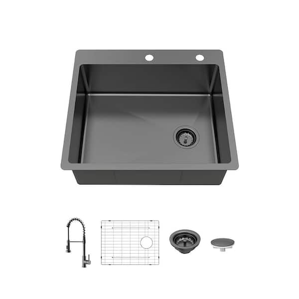 25 in. Drop-In Single Bowl 18-Gauge Gunmetal Black Stainless Steel Kitchen Sink with Spring Neck Faucet