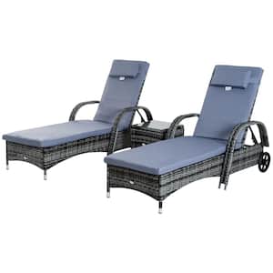 3-Piece Wicker Outdoor Chaise Lounge with Armrests, Easy Moving Wheels and Padded Grey Cushions