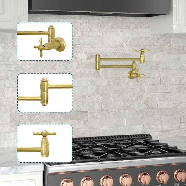 Pot Filler Faucet - Solid Brass Wall Mount Kitchen Faucets with Double Joint Swing Arms, Brushed Gold - AK98288N1
