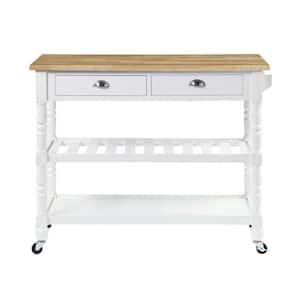 French Country White 3-Tier Cart with Butcher Block Top and Drawers