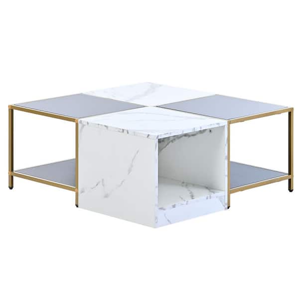 URTR 31.5 in. Black and White Square Gloss Faux Marble Tabletop Coffee Table with Shelf 4-Pcs Side Table Set Cocktail Table