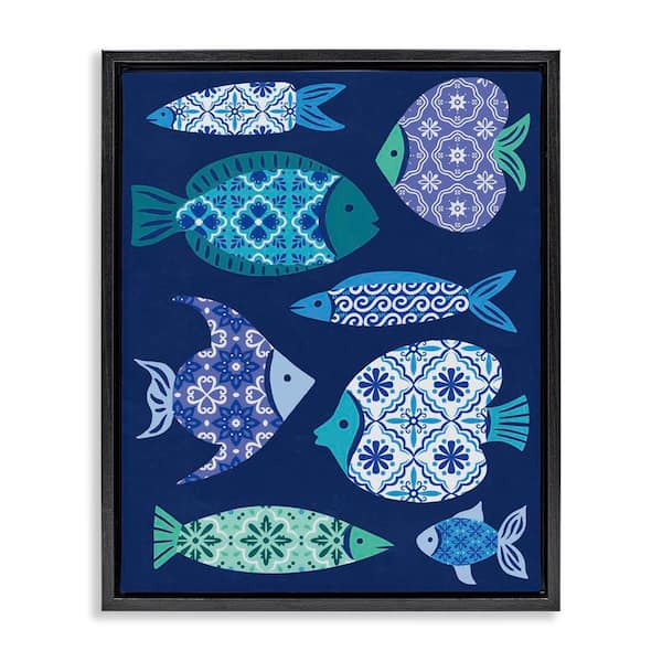 Stupell Industries Mediterranean Tiles Fish by Deborah Curiel Black Floater Frame Animal Graphic Art Print 21 in. x 17 in.