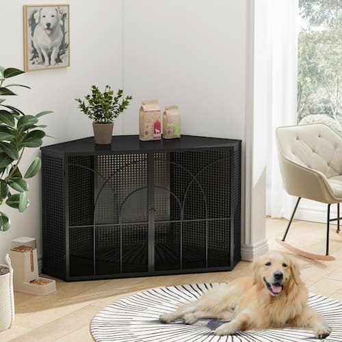 Spacious Dog Cage with Tempered Glass, for Corner of