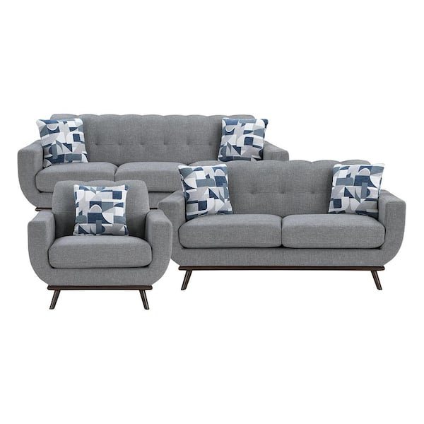 Lazzara Salina 87 in. W. Straight Arm Chenille Rectangle 3-Piece Living Room Sofa Set in Gray
