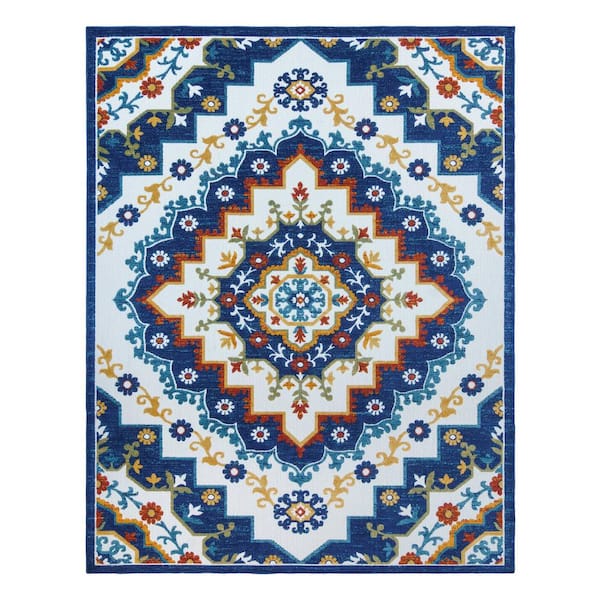 Gertmenian Fosel Arasi Ivory/Blue 8 ft. x 10 ft. Medallion Indoor/Outdoor Area Rug