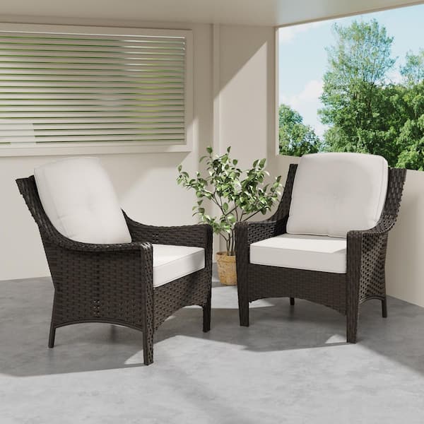 2-Piece Wicker Outdoor Lounge Chair Set with Beige Cushions for Patio, Deck, or Backyard