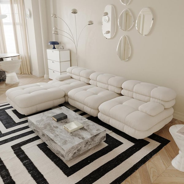 J&E Home 110 in. Square Arm 4-Piece Velvet L-Shaped Modular Sectional Sofa with Ottoman in Beige